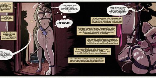 anthro bdsm bondage bound cleave closet damsel distressed female female/female gag gagged geronimo humiliation imposter magicwend nipples peril predicament pulp restraints retro_writting rope rope_bondage rope_harness sex_toy solo struggling text vibrator villian vintage forfun2 thea_stilton_(series) domestic_cat felid feline felis mammal english_text hi_res