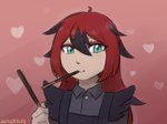 black_hair blue_eyes clothed clothing dress female food hair heart_symbol human_only looking_at_viewer not_furry offering_food overalls pocky_in_mouth pupils red_hair slit_pupils smile solo sealer4258 nintendo pocky pokemon human mammal