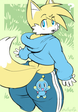 anthro big_butt bottomwear butt clothing eyebrows femboy hair hoodie looking_at_viewer looking_back looking_back_at_viewer male pants question_mark raised_eyebrow solo sweatpants thick_thighs topwear translucent translucent_hair bulluppa sega sonic_the_hedgehog_(series) miles_prower canid canine chao_(sonic) fox mammal red_fox true_fox hi_res
