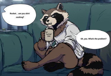 5_toes anthro barefoot beverage black_body black_fur black_nose bottomless bottomless_male brown_body brown_eyes brown_fur clothed clothing coffee coffee_mug crossed_legs feet fur furniture humanoid_feet male multicolored_body multicolored_fur neck_tuft offscreen_character pantsless plantigrade shirt shirt_only sitting sofa soles solo speech_bubble tan_body tan_fur text toes topwear topwear_only tuft whiskers zimakum guardians_of_the_galaxy marvel rocket_raccoon mammal procyonid raccoon colored_sketch english_text hi_res sketch