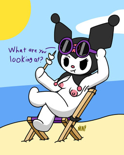 beach casual_nudity eating eyewear female outside public public_nudity sitting solo sunglasses minygold onegai_my_melody sanrio kuromi demon lagomorph leporid mammal rabbit hi_res