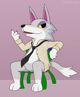 anthro biped black_eyes bottomless bottomless_anthro bottomless_male clothed clothing featureless_crotch fingers heart_symbol humanoid_hands inviting looking_at_viewer male necktie pink_background simple_background sitting solo yellow_sclera vogold animal_crossing nintendo fang_(animal_crossing) canid canine canis mammal wolf 2021 colored hi_res
