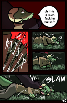 abuse anthro black_body black_fur bodily_fluids clothed clothing dialogue duo female feral fur horn male pinned pinned_to_ground profanity size_difference speech_bubble sweat tail text torn_clothing brradett lernie_(brradett) canid canine mammal scalie absurd_res colored comic english_text hi_res