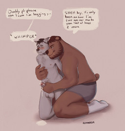 anthro balls beard begging begging_to_cum blush bodily_fluids clothing daddy_kink dominant dominant_male duo edging erection facial_hair footwear foreskin genital_fluids genitals hair hand_on_chest kneeling leaking_precum looking_at_another looking_at_partner male male/male nipples nub_tail orgasm_denial overweight overweight_male penis precum pubes slim_male smile socks submissive submissive_male text underwear rovindeer bear canid canine canis mammal wolf english_text hi_res