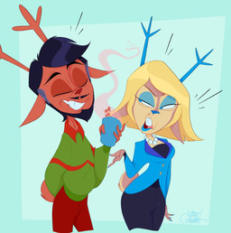 anthro antlers beard beverage black_hair blonde_hair breasts candy chocolate clothed clothed_anthro clothed_female clothed_male clothing container cup dessert duo eyes_closed facial_hair female female_anthro food hair holidays horn hot_chocolate husband husband_and_wife male male/female male_anthro married_couple mature_anthro mature_female mature_male mustache scut_tail short_tail smile tail talking_to_another teeth wife silentjack christmas deltarune undertale_(series) carol_holiday rudolph_holiday deer mammal new_world_deer reindeer hi_res signature