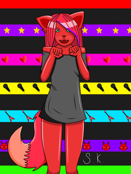 abstract_background anthro biped black_nose bottomless clothed clothing dipstick_tail excited fangs female fur green_eyes hair long_hair markings multicolored_tail open_mouth pink_body pink_fur pink_hair red_body red_fur shirt solo standing tail tail_markings teeth topwear whiskers unknown_artist unknown_artist_signature canid canine mammal 3:4 hi_res signature source_request