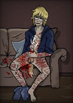blade blonde_hair blood blood_on_hand blood_on_penis blood_stain blue_bottomwear blue_clothing blue_pants blush bodily_fluids bottomwear clothing cum dog_tail furniture genital_fluids genitals gore hair humanoid_genitalia humanoid_penis male masochism masturbation pants penis scar scratches self-harm self-harm_scars smile sofa solo tail wounded zhenya_arsenic animal_humanoid canid canid_humanoid canine canine_humanoid dog_humanoid humanoid mammal mammal_humanoid digital_media_(artwork) pixel_(artwork)