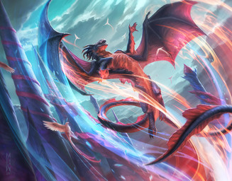 4_fingers ambiguous_gender anthro blue_body building claws cloud feathered_wings feathers feral fingers flying group magic membrane_(anatomy) membranous_wings nude open_mouth outside red_body size_difference spread_wings tail tower webbed_hands wings raymond_swanland hasbro magic:_the_gathering mythology wizards_of_the_coast gazaleth_prismari avian bird dragon mythological_creature mythological_scalie scalie 2020 official_art