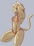 anthro armpit_hair biped body_hair chest_tuft clothed clothing female fur green_eyes kneeling looking_at_viewer navel one-piece_swimsuit red_sling_bikini skimpy sling_bikini solo swimwear tail tight_clothing tuft 340m/sec domestic_cat felid feline felis mammal 3:4