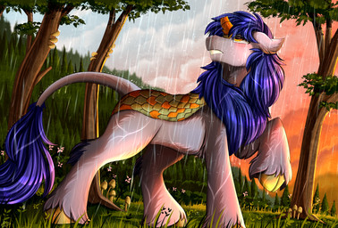 blue_mane broken_horn flower fungus green_body green_scales horn long_tail male mane mushroom orange_body orange_scales outside plant raining scales solo tail tree water wet yellow_eyes pridark asian_mythology chinese_mythology east_asian_mythology hasbro my_little_pony mythology fan_character dragon kirin mythological_creature mythological_scalie scalie 2022 digital_media_(artwork) hi_res