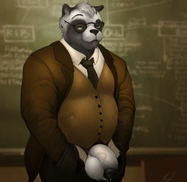 anthro balls big_balls big_penis biped black_bottomwear black_clothing black_glans black_necktie black_pants blue_eyes bodily_fluids bottomwear brown_clothing brown_jacket brown_topwear chalkboard circumcised clothed clothing eyewear flaccid front_view fur genital_fluids genitals glans glasses hair humanoid_genitalia humanoid_penis information_board inside jacket male mature_anthro mature_male necktie pants penis precum school shirt slightly_chubby solo standing teacher topwear unprofessional_behavior vein veiny_penis white_balls white_body white_dress_shirt white_fur white_penis zomacaius renard_(krustykobold) canid canine mammal raccoon_dog tanuki 2017 digital_media_(artwork) hi_res