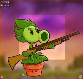 :3 ambiguous_gender black_eyes blurred_background blush border brown_eyes duo empty_eyes eyebrows eyelashes green_body green_eyebrows green_hair gun hair holding_gun holding_object holding_ranged_weapon holding_shotgun holding_weapon leaf leaf_arms leaf_hair not_furry orange_border outside plant plant_hair plant_pot potted_plant pseudo_hair purple_border purple_sky ranged_weapon shotgun siphon_(anatomy) sky star starry_sky text three-quarter_view weapon angelsagony electronic_arts plants_vs._zombies popcap_games animate_inanimate elemental_creature flora_fauna flower_pot_(pvz) peashooter_(pvz) repeater_(pvz) 2024 artist_name colored dated digital_media_(artwork) remake shaded