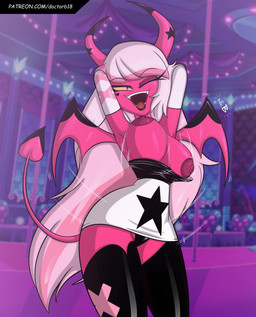 2_horns areola armwear big_breasts black_clothing black_panties black_underwear bouncing_breasts breasts clothed clothing dress elbow_gloves exposed_breasts eyebrow_through_hair eyebrows eyelashes female gloves hair hands_behind_head handwear horn legwear long_eyelashes long_hair looking_at_viewer membrane_(anatomy) membranous_wings motion_lines nipples not_furry one_eye_closed open_mouth open_smile panties pink_areola pink_body pink_eyes pink_nipples pink_skin smile solo spade_tail tail teeth text thigh_highs tongue translucent translucent_hair underwear upskirt wardrobe_malfunction white_hair wings wink winking_at_viewer yellow_sclera doc.b hellaverse helluva_boss verosika_mayday humanoid succubus 2026 absurd_res artist_name hi_res url