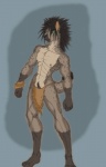 abs anthro biped black_hair black_nose bottomwear clothed clothing dipstick_ears dipstick_tail ear_markings fur gloves_(marking) green_eyes grey_body grey_fur hair leg_markings loincloth male markings multicolored_ears multicolored_tail muscular muscular_anthro muscular_male nipples pubes skimpy socks_(marking) solo standing tail tail_markings topless mariano gnoll hyena mammal spotted_hyena colored_sketch sketch