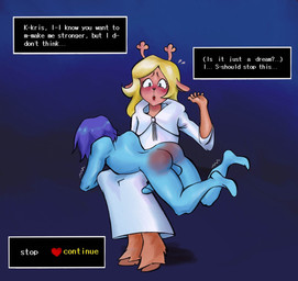 anthro balls blonde_hair butt butt_slap clothed clothed_female clothing dialogue dialogue_box doubtful duo embarrassed erection eyelashes female freckled_face freckles gameplay_mechanics genitals hair laying_on_lap long_eyelashes male motion_lines nude nude_male on_knee on_lap reddened_butt reluctant slap spank_marks spank_marks_on_ass spanked_butt spanking text lolr deltarune undertale_(series) kris_dreemurr noelle_holiday deer mammal new_world_deer reindeer english_text hi_res