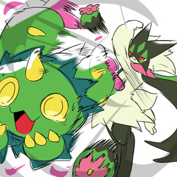 ambiguous_gender anthro blush blush_lines claws duo flower_(anatomy) flower_trick fur green_body green_fur green_tail horn jagged_mouth mask motion_lines open_mouth red_eyes tail thorns yellow_eyes tontaro nintendo pokemon generation_5_pokemon generation_9_pokemon maractus meowscarada pokemon_(species) 1:1