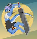 5_fingers anthro barefoot biped blue_body blue_skin eyelashes feet fingers hair holding_melee_weapon holding_object holding_sword holding_weapon horn melee_weapon purple_hair solo sword tail weapon yellow_eyes grimoiren mythology zeezy_(character) dragon mythological_creature mythological_scalie scalie 2018 digital_media_(artwork) hi_res