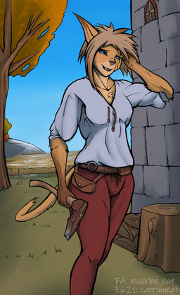 anthro autumn axe brown_body brown_fur clothed clothed_anthro clothed_female clothing day fantasy female fingers front_view fur grass holding_axe holding_object humanoid_hands log outside plant pose renaissance standing tan_body tan_fur text tomboy tree wall_(structure) wood carrioncat hasbro wizards_of_the_coast sajjier catfolk domestic_cat felid feline felis mammal tabby_cat artist_name hi_res