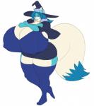 anthro big_breasts breasts clothed clothing female hat headgear headwear huge_breasts hyper hyper_breasts nipple_outline slightly_chubby smile solo standing witch_hat laurel_dog canid canine mammal hi_res