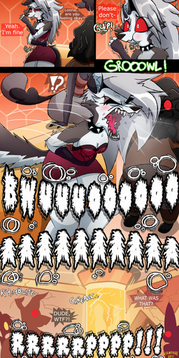 4_fingers anthro black_body black_fur black_hair breasts burping clothing cracked_glass cracked_wall dialogue dress eyebrow_piercing eyebrows facial_piercing female fingerless_gloves fingers fur gloves grey_hair group hair handwear hyper_burp male notched_ear open_mouth piercing pupils red_sclera sharp_teeth teeth text tongue trio vein white_body white_eyes white_fur rampageguy hellaverse helluva_boss mythology gigi_(helluva_boss) loona_(helluva_boss) russ_(helluva_boss) canid canid_demon canine canis demon domestic_dog hellhound mammal mythological_canine mythological_creature poodle 2026 absurd_res comic english_text hi_res