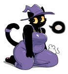 anthro big_eyes black_body black_ears black_face black_fur black_tail breasts cleavage clothed clothing female front_view fur hat headgear headwear kneeling looking_aside overalls overweight overweight_anthro overweight_female pawpads pink_nose pink_pawpads purple_clothing purple_hat purple_headwear purple_overalls simple_background slightly_chubby slightly_chubby_anthro slightly_chubby_female solo tail thick_thighs white_background witch_hat yellow_sclera conditional_dnp sonokido ventura_city_drifters cosma_scamper_evans domestic_cat familiar felid feline felis mammal mouse murid murine rodent 2023 hi_res