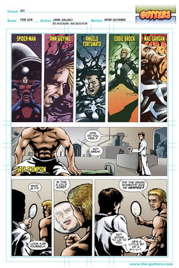 blonde_hair clothed clothing coat commentary dialogue doctor duo_focus fact female group hair hand_mirror holding_object lab_coat looking_at_mirror looking_at_object male medical mirror muscular muscular_male not_furry open_mouth patient reflection sitting standing std text topless topless_male topwear what unknown_artist marvel spider-man_(series) spider-man_(character) venom_(marvel) human mammal 2:3 english_text hi_res url