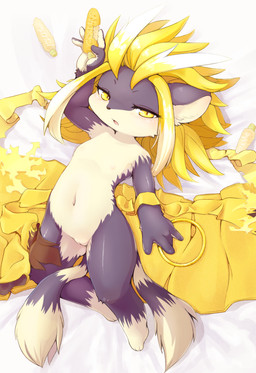 anthro blonde_hair corn female flat_chested food fur genitals hair half-closed_eyes kemono loli lying multi_tail multicolored_body multicolored_fur narrowed_eyes navel nude on_back plant solo tail two_tone_body two_tone_fur vulva white_body white_fur yellow_eyes young young_anthro young_female canopus335 mammal species_request character_request