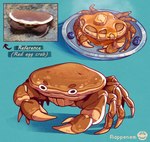 ambiguous_gender blueberry_(fruit) butter dairy_products feral food fruit pancake pincers plant plate reference_image solo syrup text rappenem arthropod crab crustacean decapoda food_creature malacostracan marine red_egg_crab 2024 absurd_res english_text hi_res species_name