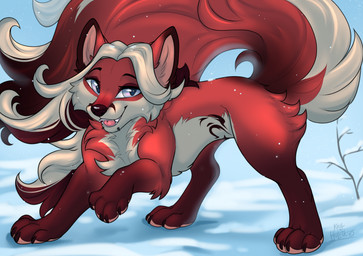 4_toes blue_eyes claws countershade_torso countershading feet female feral front_view fur hair inner_ear_fluff looking_at_viewer open_mouth open_smile outside red_body red_fur red_tail smile snow snowing solo standing tail teeth toe_claws toes tongue tuft white_hair winter kellwolfik canid canine fox mammal hi_res