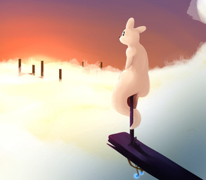 black_eyes black_nose cloud detailed_background feral fur looking_away nude outside ruins sitting sky skyscape solo sunset white_body white_fur honky_kat rain_world videocult survivor_(rain_world) hybrid mammal slugcat 2019 digital_media_(artwork)