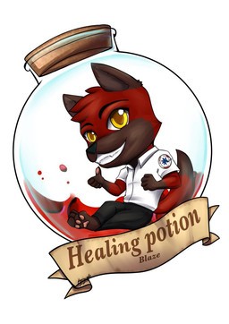 anthro badge chibi clothing gesture hand_gesture healing_potion magic_potion male paramedic potion_bottle solo thumbs_up uniform bluetoxic blaze_wolf canid canine canis mammal wolf hi_res