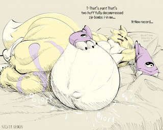 ambiguous_gender anthro bed belly big_belly bodily_fluids digital_inflation drooling eyes_closed fur furniture hand_on_belly huge_belly hyper hyper_belly inflation lying lying_on_bed male navel on_bed on_side outie_navel rumbling_stomach saliva solo talking_to_self text white_body white_fur yellow_body yellow_fur yin_yang zip_bomb silvia_nexus_(artist) bandai_namco digimon vixis_(silvia_nexus) digimon_(species) renamon 2023 digital_drawing_(artwork) digital_media_(artwork) english_description english_text hi_res nonbinary_(lore)