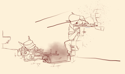 aiming_weapon ambiguous_gender anthro armor bipod clothed clothing crouching duo fight furgonomic_headwear furgonomics gun hat headgear headwear helmet holding_gun holding_object holding_ranged_weapon holding_rifle holding_weapon lying machine_gun military notched_ear on_front ranged_weapon rifle ruin shooting simple_background weapon wshfly project_silverfish inheritor lizard reptile scalie 2026 monochrome signature