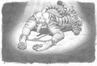 4_toes anthro anus ass_up backsack balls bdsm biped bondage bound butt claws digitigrade erection feet genitals hindpaw lock looking_at_viewer lying male nude on_front pawpads paws penis penis_backwards presenting presenting_hindquarters raised_tail restraints soles solo spread_legs spreader_bar spreading submissive submissive_male tail toes arjuna felid mammal pantherine tiger monochrome