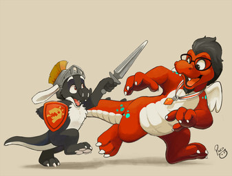 anthro armor black_body black_fur black_hair claws duo eyewear fangs featureless_crotch fur glasses glistening glistening_eyes hair happy headgear helmet holding_melee_weapon holding_object holding_shield holding_sword holding_weapon logo male melee_weapon nude open_mouth open_smile pawpads red_body red_eyes running shield smile sword teeth toe_claws weapon white_body white_claws white_fur white_pawpads young young_anthro young_male pandapaco mythology dragon furred_dragon furred_scalie mythological_creature mythological_scalie scalie artist_logo signature