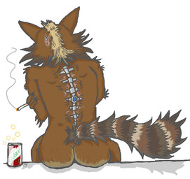 anthro arm_tuft beverage beverage_can big_tail biped body_hair brown_body brown_fur bubble bubble_butt butt butt_hair cheek_tuft cigar cigarette cigarette_smoke claws cybernetic_augmentation cybernetic_spine elbow_tuft facial_tuft finger_claws fluffy fluffy_tail fur furniture holding_cigar holding_cigarette holding_object humanoid_hands male markings nude on_table ozo pose raised_tail rear_view ribs ring_(marking) ringed_tail scar shadow shoulder_blades shoulder_tuft simple_background sitting sitting_on_table smoke soda solo spine striped_markings striped_tail stripes table tail tail_markings tuft white_background wide_hips y_shaped_butt_crack rockergrayfox guardians_of_the_galaxy marvel the_fucked_up_avengers rocket_raccoon mammal procyonid raccoon 2015 colored colored_sketch detailed digital_drawing_(artwork) digital_media_(artwork) pinup shaded sketch traditional_media_(artwork)