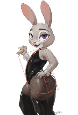 anthro breasts bunny_costume butt carrot clothed clothing costume female fibonacci_spiral fishnet_clothing fishnet_legwear flat_chested food hand_on_head latex latex_clothing legwear looking_at_viewer open_mouth open_smile pear-shaped_figure plant purple_eyes small_breasts smile solo thick_thighs thigh_highs vegetable wide_hips vakira disney zootopia judy_hopps lagomorph leporid mammal rabbit 2026 absurd_res hi_res signature