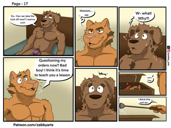anthro balls bdsm bodily_fluids chastity_cage chastity_device dialogue dominant duo genitals male male/male musk nipples nude tears text whining whip zabby_arts blake_(zabby_arts) tony_(zabby_arts) canid canine canis cougar domestic_cat domestic_dog felid feline felis hyena mammal comic english_text hi_res url