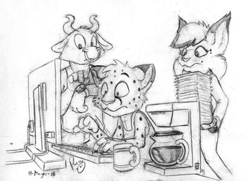 anthro clock clothed clothing coffee_machine computer_keyboard container cup electronics eyelashes facial_piercing facial_spots group holding_object holding_paper horn logo male monitor mouth_closed mug nose_piercing nose_ring paper paper_stack piercing ring_piercing septum_piercing septum_ring sitting spotted_arms spotted_face standing trio watch wristwatch young young_anthro young_male pandapaco salmy bovid bovine cattle cheetah felid feline lynx mammal 2016 artist_logo hi_res monochrome signature sketch traditional_media_(artwork)