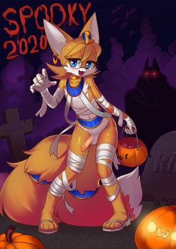 4_toes 5_fingers anthro balls bandage blue_eyes blush circumcised clothing costume ear_piercing egyptian egyptian_clothing erection feet femboy fingers food footwear fruit genitals halloween_costume halloween_decoration holidays jack-o'-lantern knock-kneed looking_at_viewer male multi_tail mummy_costume mummy_wrappings navel owo penis piercing plant pumpkin sandals shoes solo tail text toes tombstone sparkydb halloween sega sonic_the_hedgehog_(series) miles_prower canid canine fox mammal 2020 absurd_res dated english_text full-length_portrait hi_res portrait