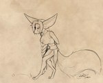 anthro braided_hair breasts clothed clothing dress female fur hair simple_background solo walking blokfort kalta_(blokfort) canid canine fennec_fox fox mammal true_fox 2024 monochrome sketch