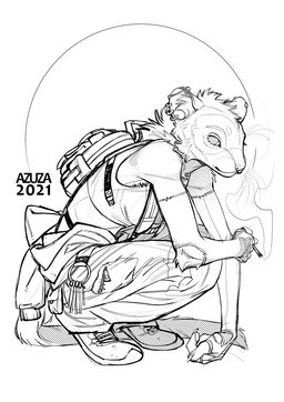 anthro backpack bottomwear cheek_tuft cigarette clothed clothing crouching ear_piercing ear_ring eyelashes facial_piercing facial_tuft female footwear head_tuft holding_cigarette holding_object industrial_piercing looking_at_viewer mouth_closed nose_piercing nose_ring pants piercing ring_piercing septum_piercing septum_ring shoes simple_background smoke solo text topwear tuft azuza domestic_ferret mammal mustelid musteline true_musteline weasel 2021 artist_name black_and_white dated hi_res monochrome sketch