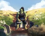 axe black_hair cloud female grass green_body green_skin hair melee_weapon plant solo weapon shadoca blizzard_entertainment warcraft humanoid orc hi_res