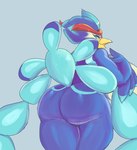 anthro beak big_butt blue_body blue_feathers breasts butt feathers female nude simple_background solo yellow_beak gikowinko nintendo pokemon avian generation_9_pokemon pokemon_(species) quaquaval hi_res tagme