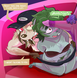 albino alternative_fashion baseball_cap brown_eyes clothing crust_punk dialogue erection female genitals green_hair group gynomorph hair hat headgear headwear highlights_(coloring) imminent_sex intersex intersex/female muscular muscular_female nipple_piercing nipples ocular_prosthetic penis penis_on_face piercing pink_eyes porn_star porn_studio prosthetic pubes punk speech_bubble studio toony trio undressing undressing_another hurdysquirrelly houston_(hurdysquirrelly) topeka_(hurdysquirrelly) bobcat felid feline grey_squirrel lynx mammal procyonid raccoon rodent sciurid tree_squirrel absurd_res comic hi_res