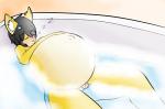 anthro bathtub belly big_belly black_hair blush eyes_closed femboy fur genitals hair hand_on_belly huge_belly hyper hyper_belly lying male navel nude penis sleeping solo sound_effects star text vowelless vowelless_sound_effect water yellow_body yellow_fur zzz catsikune catsikune_(character) domestic_cat felid feline felis mammal