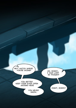 black_text blue_sky cloud day dialogue glistening not_furry offscreen_character puddle reflection rock sky stone_floor text water water_reflection zero_pictured rednroge 2025 comic english_text hi_res