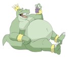 anthro belly big_belly bracelet crown eating food fruit grape headgear jewelry male navel nude open_mouth plant solo tail canson king_tangu crocodile crocodilian reptile scalie absurd_res hi_res