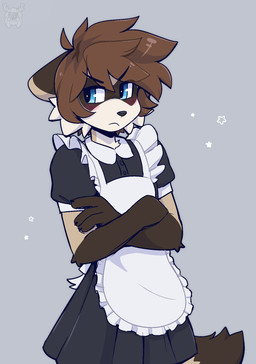 anthro blue_eyes blush brown_body brown_fur cheek_tuft clothed clothing crossdressing crossed_arms facial_tuft fur hair looking_away maid_apron maid_uniform male monotone_hair multicolored_body multicolored_fur short_hair simple_background solo tail tan_body tan_fur tuft uniform fleurfurr domestic_ferret mammal mustelid musteline true_musteline weasel cel_shading colored colored_sketch digital_drawing_(artwork) digital_media_(artwork) hi_res shaded sketch