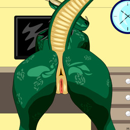 anthro anus black_hair butt clock desk female furniture genitals green_body green_skin hair horn inside looking_at_viewer nude office presenting raised_tail solo table tail twerking vulva yellow_eyes husram lizard reptile scalie 1:1 2022 2d_animation animated animated_gif hi_res short_playtime